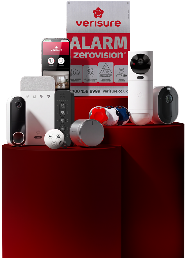 Verisure alarm kit: ZeroVision alarm sign, control panel, keypad, smart lock, doorbell camera, outdoor camera and detectors
