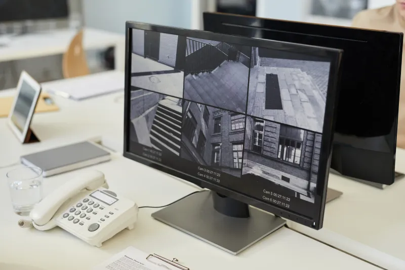 Security cameras being viewed on monitors in an office